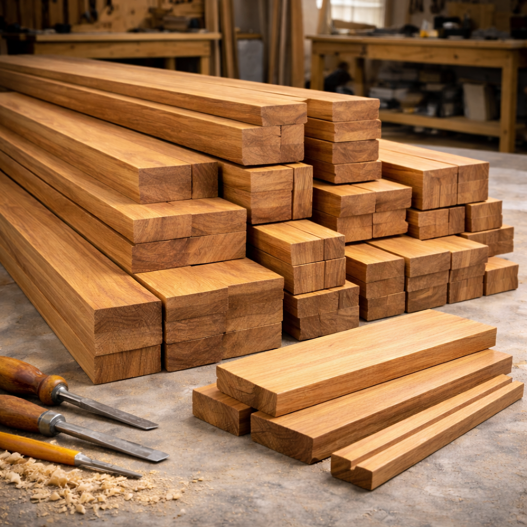 Precision cut timber pieces in various sizes